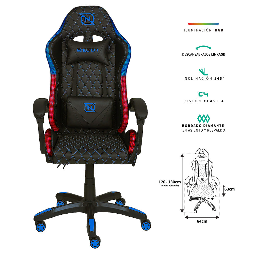 SILLA GAMER RGB INCLINACION RESPALDO 145 CLASE 4 140-150KG NSG-RGB1 FOAM 350MM 63CM*64CM*121-131CM COJIN LUMBAR Y CABEZA NEGRO/AZUL - SILLA GAMER RGB INCLINACION RESPALDO 145 CLASE 4 140-150KG NSG-RGB1 FOAM 350MM 63CM*64CM*121-131CM COJIN LUMBAR Y CABEZA NEGRO/AZUL -